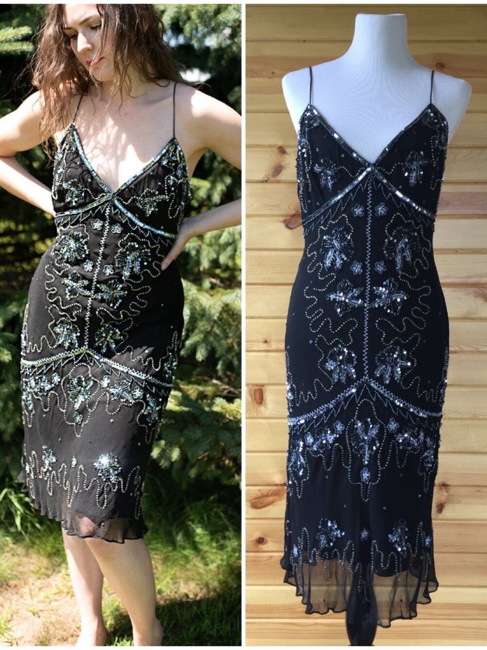 Vintage Y2K Black Silk Beaded Fitted Sheath Slip Dress Papell Formal S/M